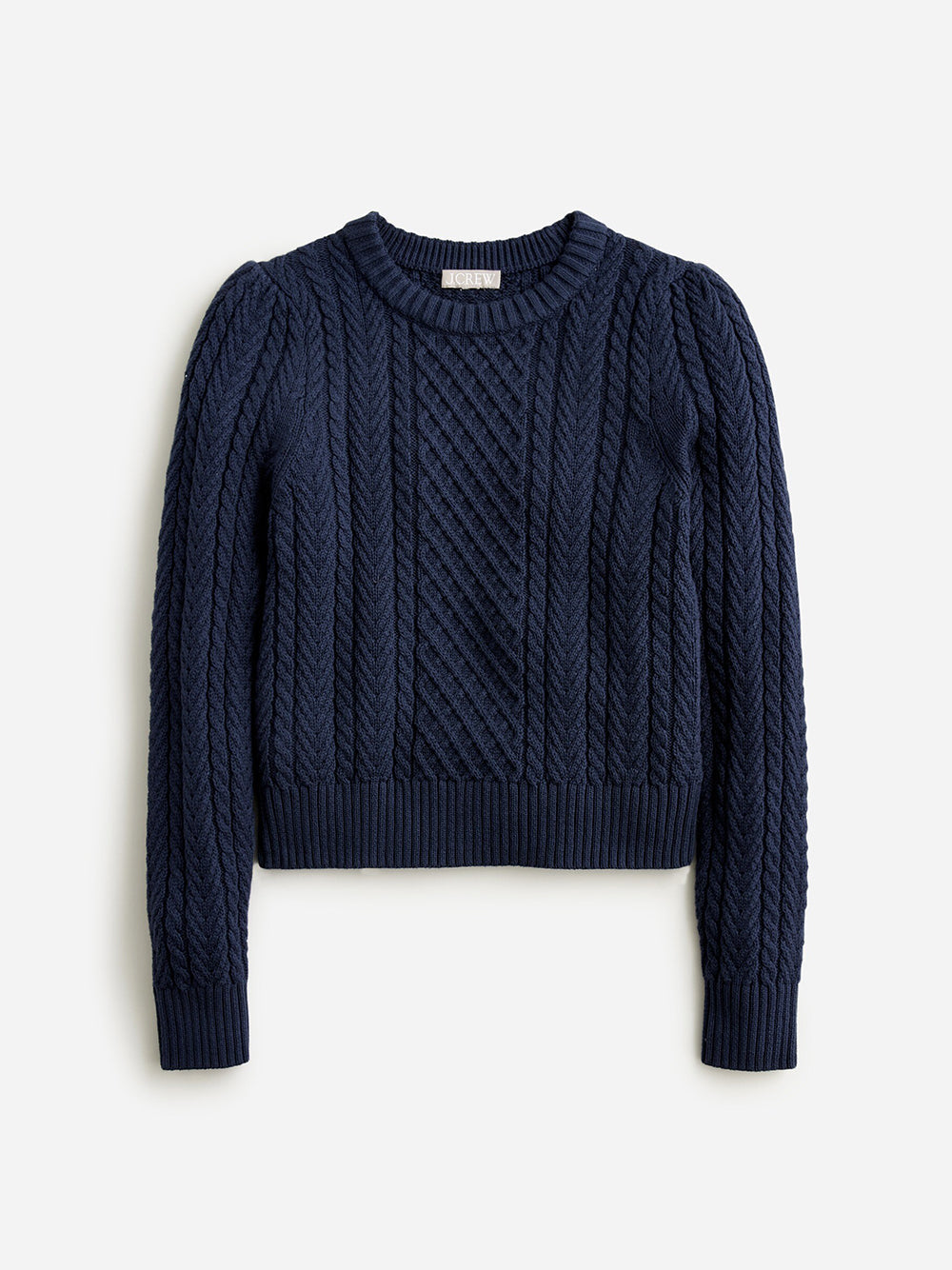 Cable-knit puff-sleeve crewneck sweater