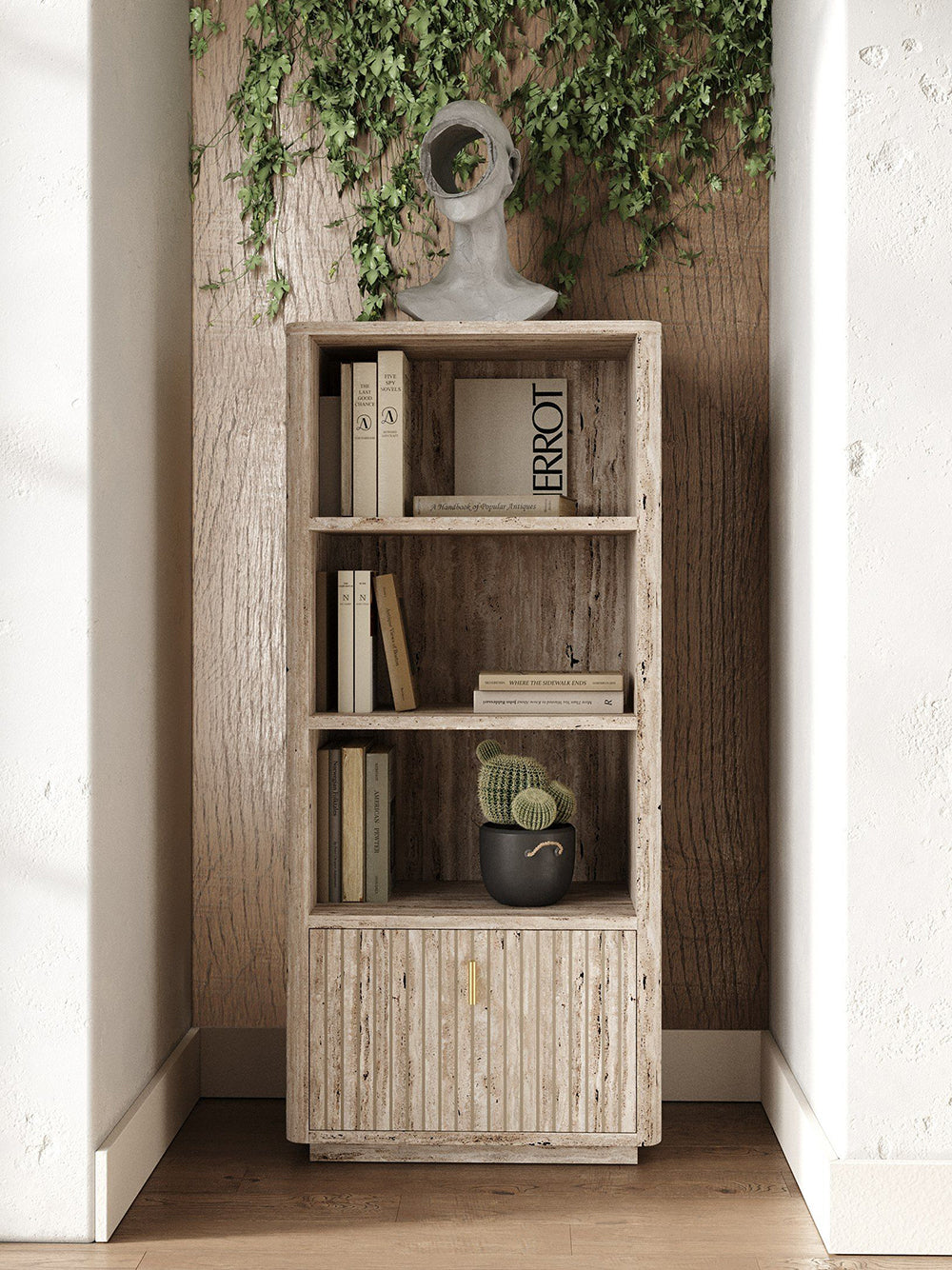 Modern Travertine + Gold Bookcase